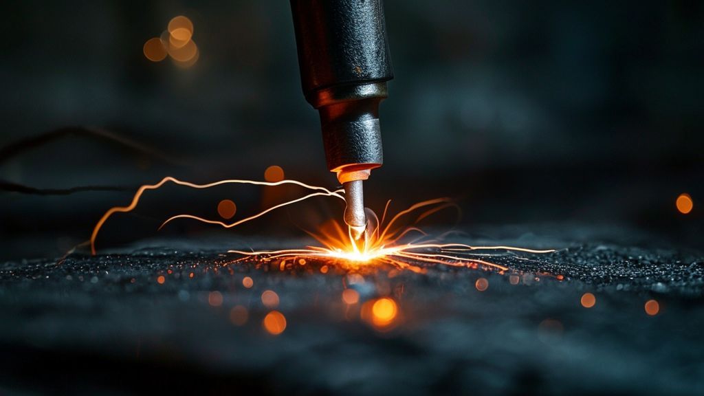Close-up of gas metal arc welding initiation showing wire touching steel, molten droplet forming, and ionised shielding gas glow
